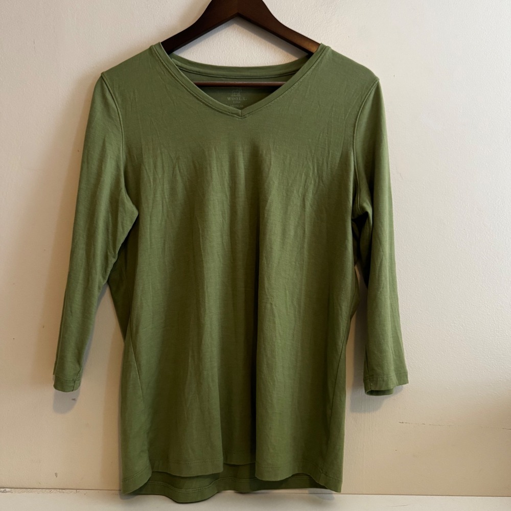 Woolx Women's Sz M Elena V-Neck 3/4 Top Wool Blend Natural Fibers Winter Layers